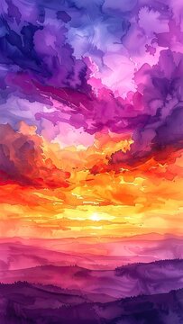 A vibrant watercolor painting depicts a dramatic sunset over rolling hills.