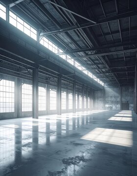 Sunlight streams into a vast, empty industrial warehouse with high ceilings and concrete floors.
