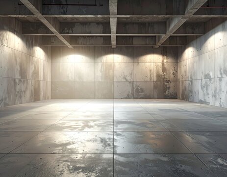 An empty industrial concrete room with overhead lights.