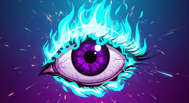 Close-up of a vibrant purple eye surrounded by electric blue fire, symbolizing intense focus, insight, or a fiery spirit.