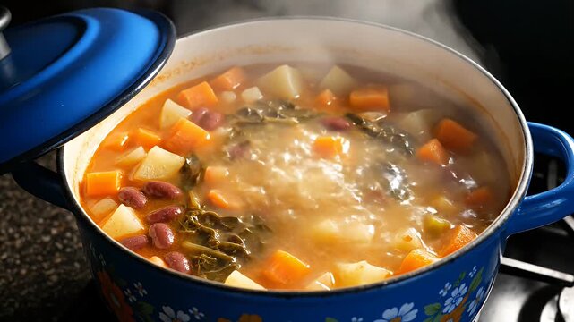 Steaming vegetable bean soup cooking in blue floral pot