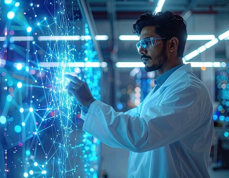 A scientist in a lab coat interacts with a holographic digital network interface.