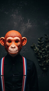 Person wearing a monkey mask and suspenders against a dark textured background with greenery, representing disguise and individuality.