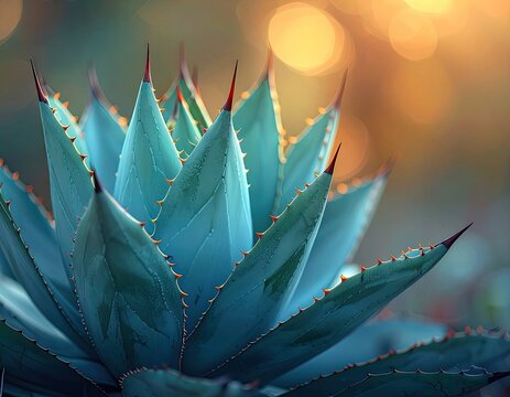 A detailed close-up view of a blue agave plant with sharp spines and a blurred golden bokeh background.
