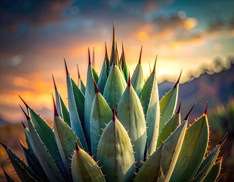 A close-up view of a spiky agave plant against a vibrant sunset sky.