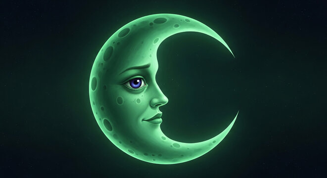 Anthropomorphic crescent moon with glowing green skin and a thoughtful expression, set against a starry night sky, symbolizing celestial wonder and mystery
