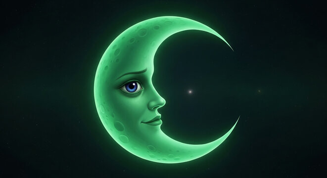 Green crescent moon with a human face, glowing in a starry night sky, symbolizing mystery, dreams, and cosmic wonder.