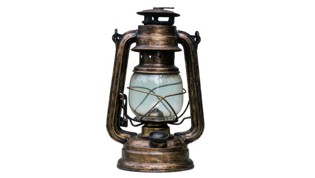 Antique kerosene lantern with ornate bronze metalwork, isolated on transparent background