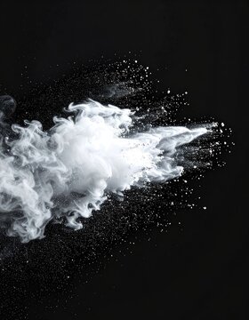 A dynamic explosion of white powder and smoke against a stark black background.