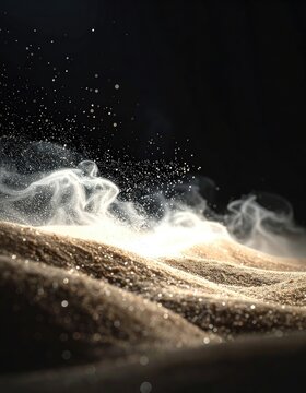 Abstract swirling smoke and sand particles illuminated against a dark background.