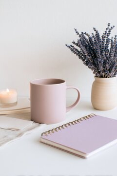 Minimal pink mug and lavender bouquet with candle for cozy morning routine background card poster design