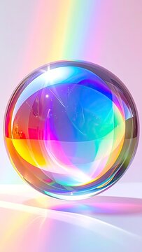 A glass sphere refracts rainbow light onto a pastel background.