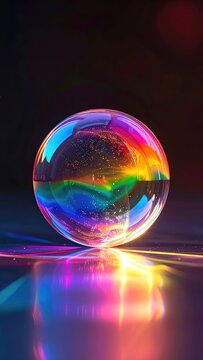 A glowing glass sphere refracts rainbow colors and sparkles on a dark, reflective surface.