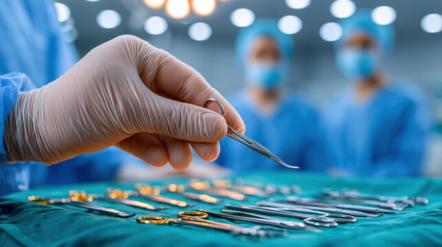 Gloved surgeon arranging surgical tools in operating room for medical procedure and sterile safety