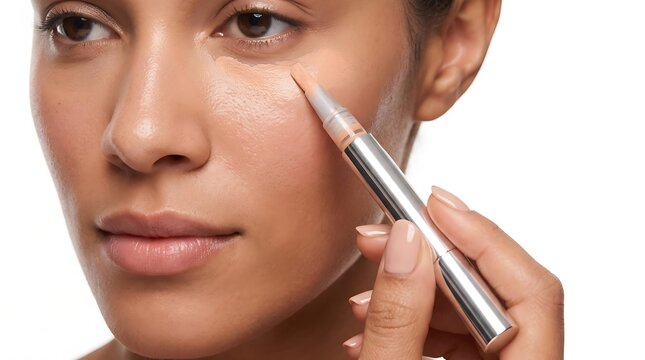 Close-up of a young woman applying concealer to hide dark circles under eyes, high-quality concealer pen for flawless skin, and professional liquid concealer application for beauty routine.