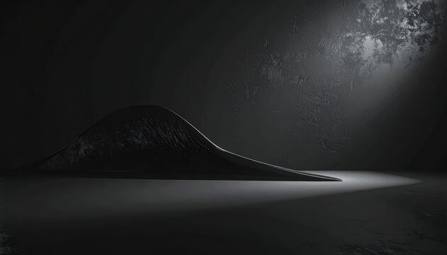 A dark, abstract form with textured surface, dramatically lit.