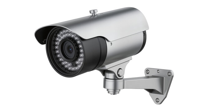 Silver bullet security camera with infrared LEDs mounted on bracket, isolated on transparent background