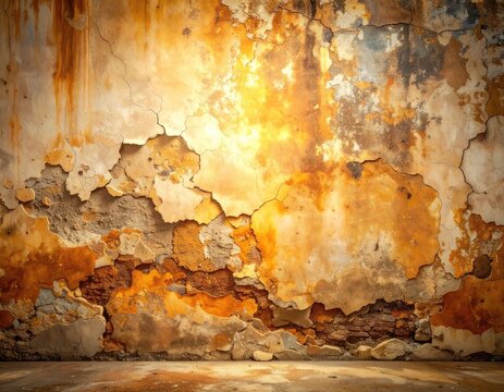 A close-up of a weathered, textured wall with peeling paint and exposed brick.