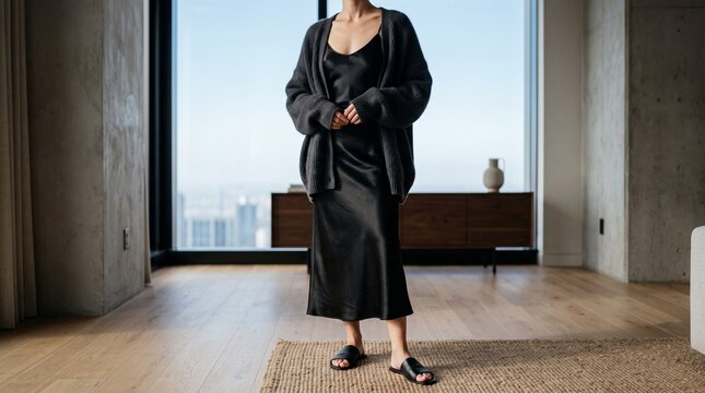 Elegant woman in a black silk slip dress and cozy cardigan standing in a modern penthouse, perfect for fashion and lifestyle themes.