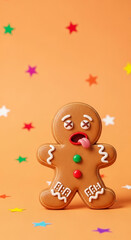 Fototapeta premium Gingerbread man with crossed eyes and tongue out, surrounded by colorful stars, symbolizing a festive, playful, and humorous holiday mood