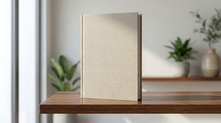 Fototapeta premium A minimalist beige book cover mockup standing on a wooden shelf with a blurred plant in the back.