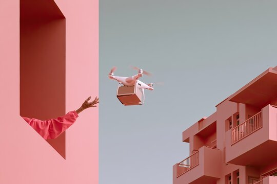 Pink architecture frames drone delivery to outstretched hand