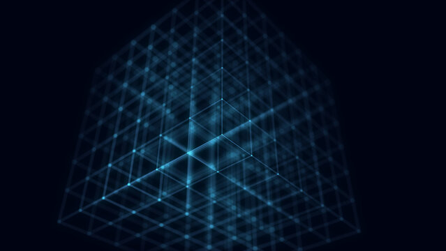 Abstract blue cubic grid structure with glowing lines and soft depth on a dark background. Futuristic digital image representing data architecture, 3D network space, technology framework and virtual s