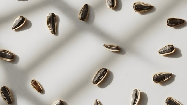 Scattered sunflower seeds on a white surface, with soft shadows creating a beautiful pattern. A simple yet elegant composition