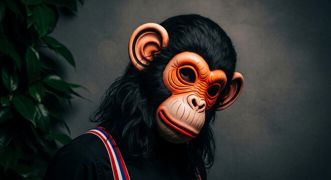 Close-up of a person wearing a monkey mask with black hair and red-striped suspenders, symbolizing disguise and mystery.