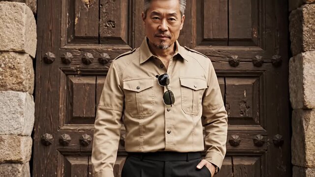 Stylish mature Asian man leaning against antique wooden door.