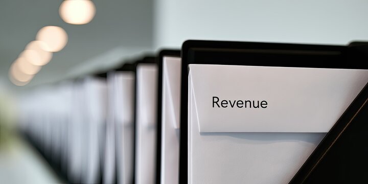 Row of file folders labeled "Revenue" in a brightly lit, modern office