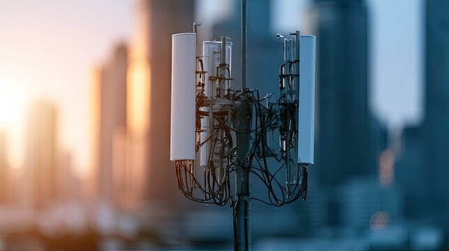 Towering antenna array against a soft, blurred city skyline at dusk