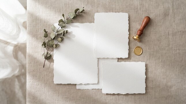 Elegant blank deckle edge cards mockup with eucalyptus leaves and vintage wax seal on linen background for wedding invitation design
