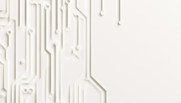 A clean, minimalist white circuit board pattern with raised lines and nodes