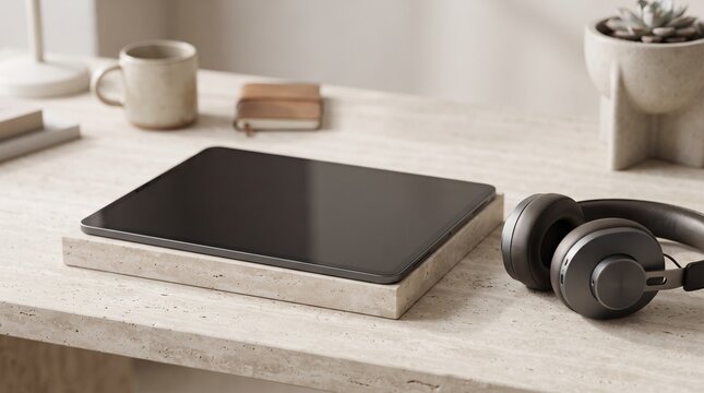 Modern tablet on a stone riser with headphones and coffee mug on a minimalist desk, highlighting a productive remote work setup.