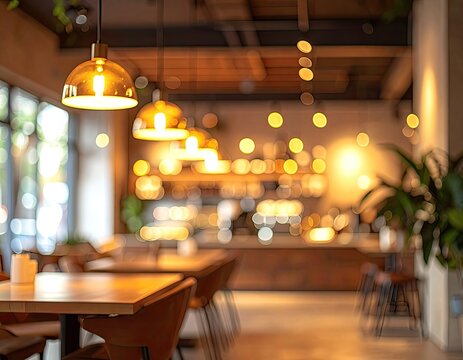 Cozy interior of a cafe with warm lighting and tables.
