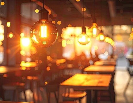 Warm light illuminates a cafe with vintage bulbs and wooden tables.