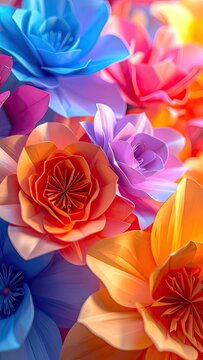 A vibrant close-up shot of intricately folded paper flowers in a spectrum of bold colors.