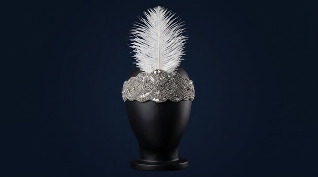 Elegant Great Gatsby style silver beaded headband with ostrich feather used as a retro fashion accessory for 1920s themed parties.