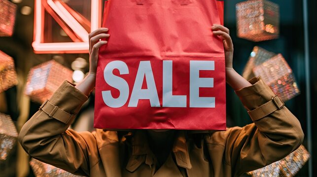 Person holding red shopping bag with "SALE" over face