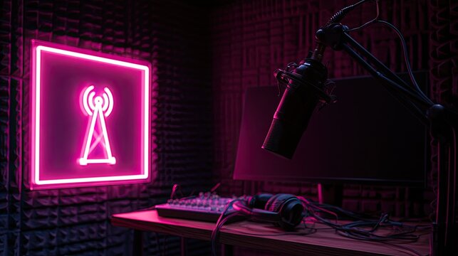 Neon radio tower icon glows in soundproof studio with microphone and desk