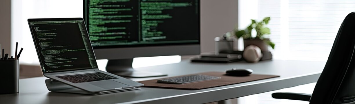 Modern desk setup with two monitors displaying code and a laptop