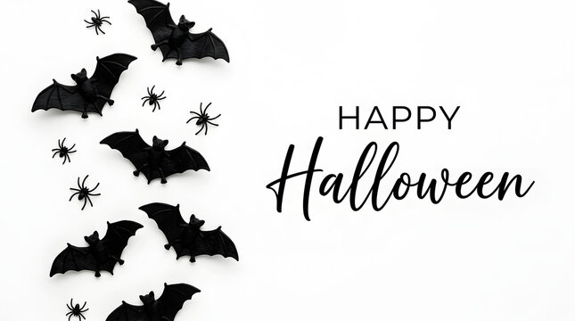Black bats and spiders with halloween text on white background