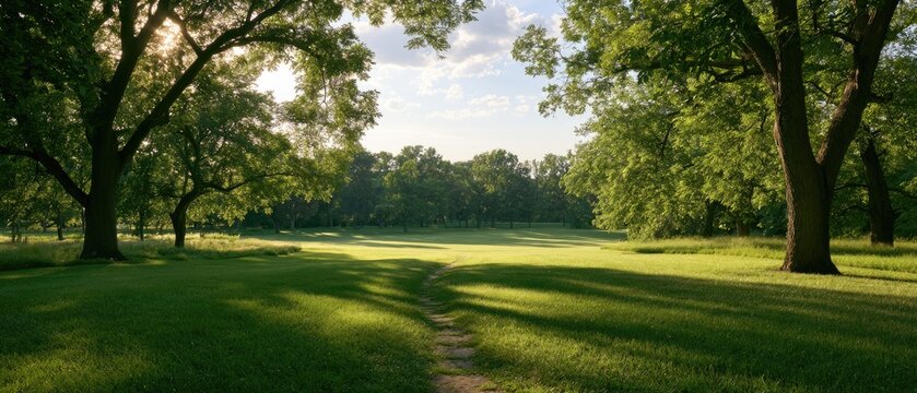 A winding path through sun-dappled trees leads to a bright, open meadow