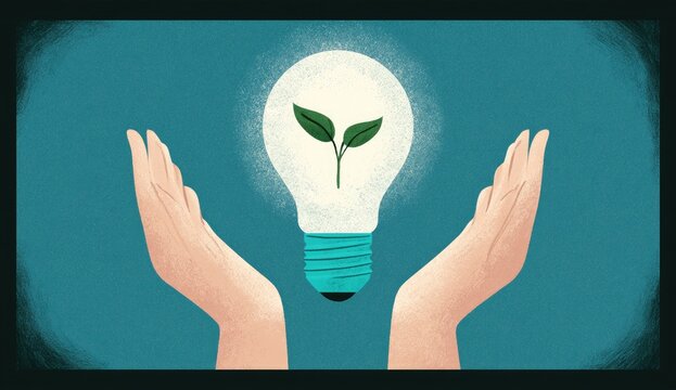 Cupped hands cradle glowing lightbulb with a young plant sprouting inside