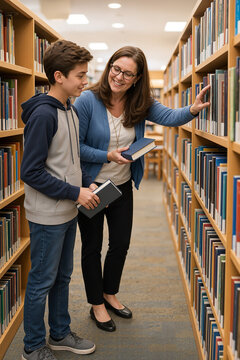 Engaging back to school moment in library between mother and son selecting books. Back to school activities include browsing bookshelves filled with colorful volumes.