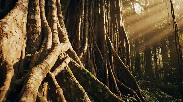 Sunlight beams through giant tree roots in dense forest.