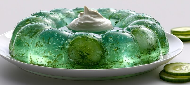 A refreshing cucumber dill gelatin ring with a cool translucent mint hue sits on a white ceramic plate.