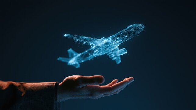 A glowing digital airplane hologram hovers above an outstretched hand