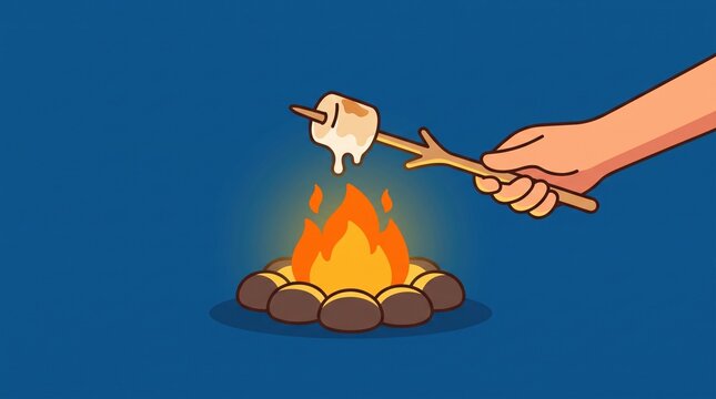 Cartoon hand holds a forked stick with melting marshmallow over a small campfire encircled by stones, flame glowing and dripping, outdoor cooking concept